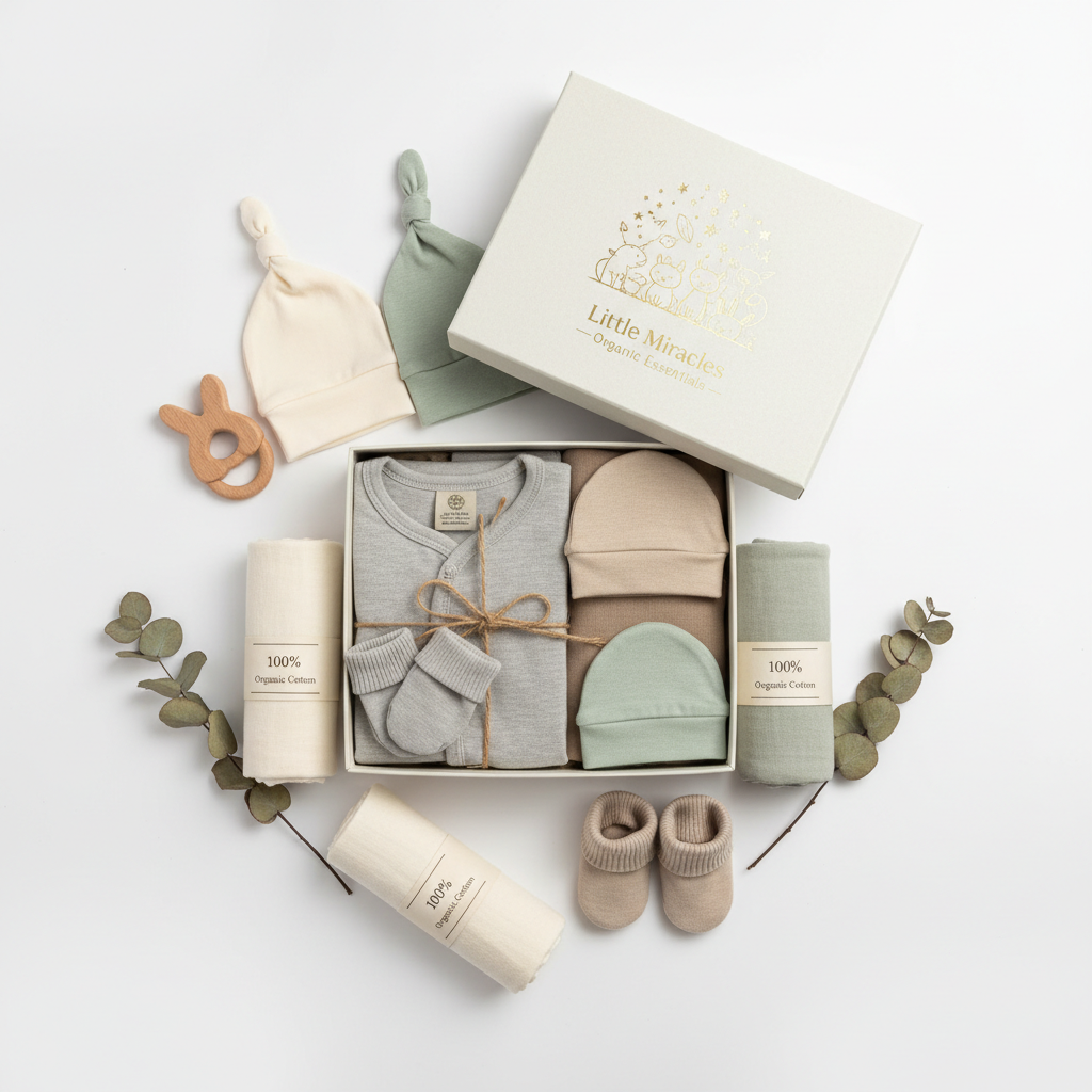 Sumix Newborn Essentials Gift Box 8-piece set in organic cotton with premium gift packaging