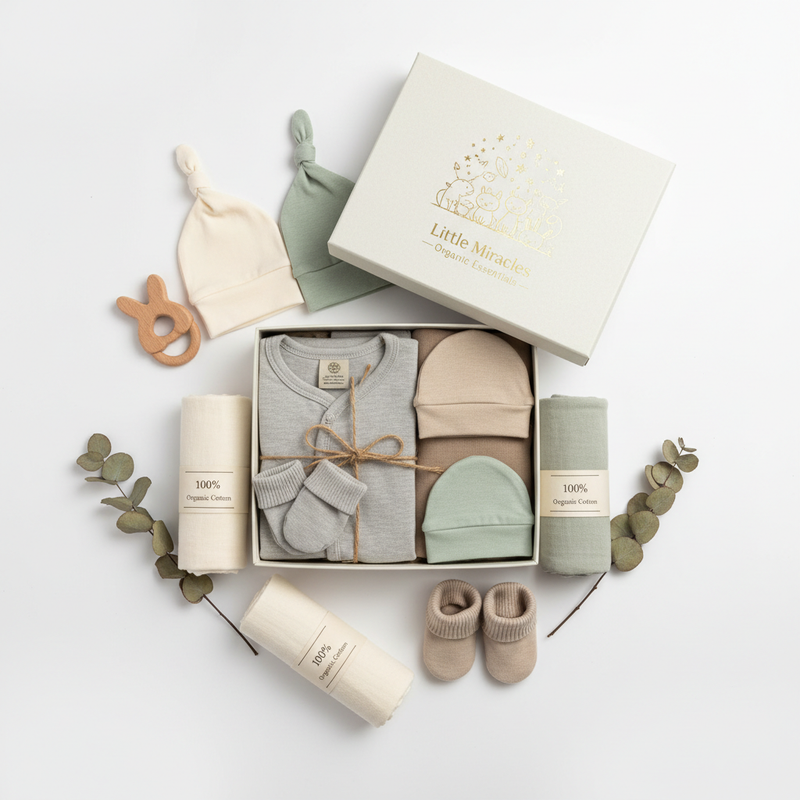 Sumix Newborn Essentials Gift Box 8-piece set in organic cotton with premium gift packaging