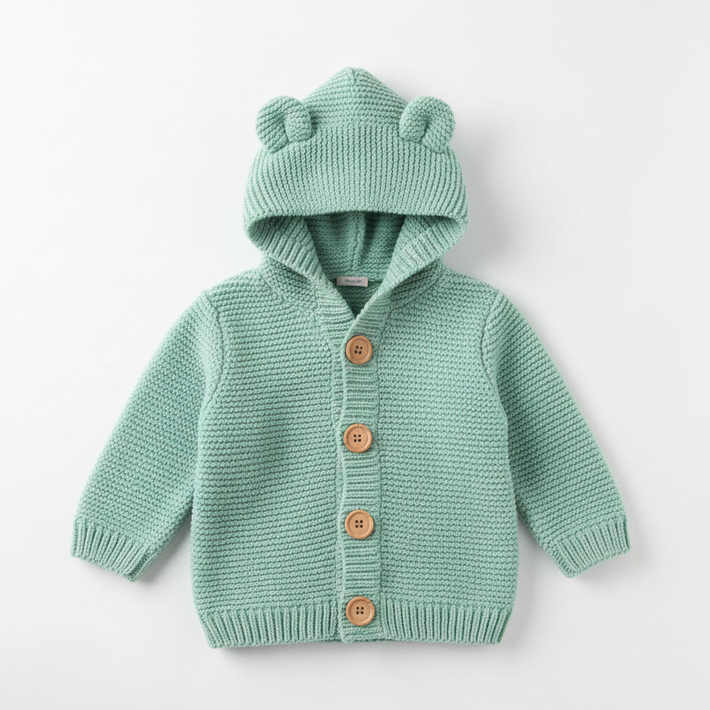 Baby Bear Ear Hooded Knit Cardigan in mint green with bear ear hood and button closure