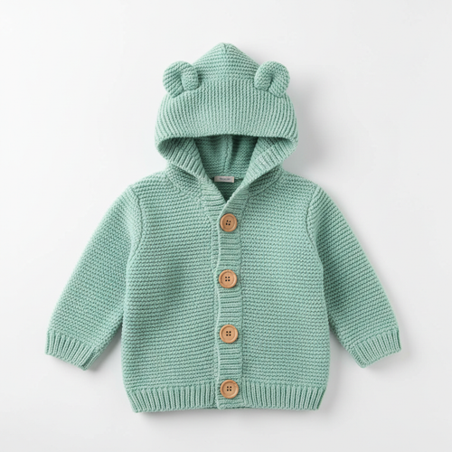 Baby Bear Ear Hooded Knit Cardigan in mint green with bear ear hood and button closure