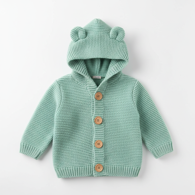 Baby Bear Ear Hooded Knit Cardigan in mint green with bear ear hood and button closure