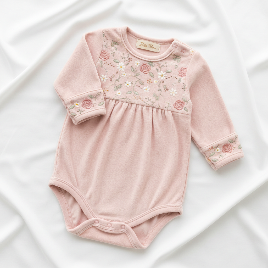 Floral Bloom Baby Girl Onesie in soft pink with floral embroidery