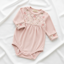 Floral Bloom Baby Girl Onesie in soft pink with floral embroidery