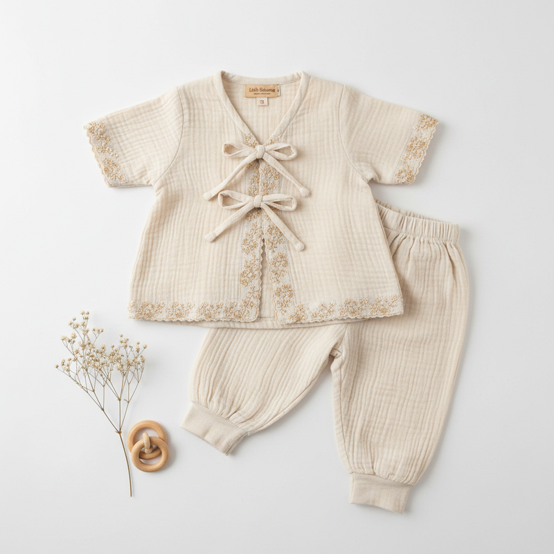 Sumix Newborn Jhabla Top and Bottom Set in soft muslin cotton with tie-front closure