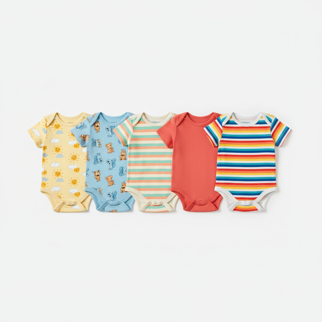 Sumix Daily Wear Combo Pack of 5 assorted onesies and t-shirts in cheerful prints and solids