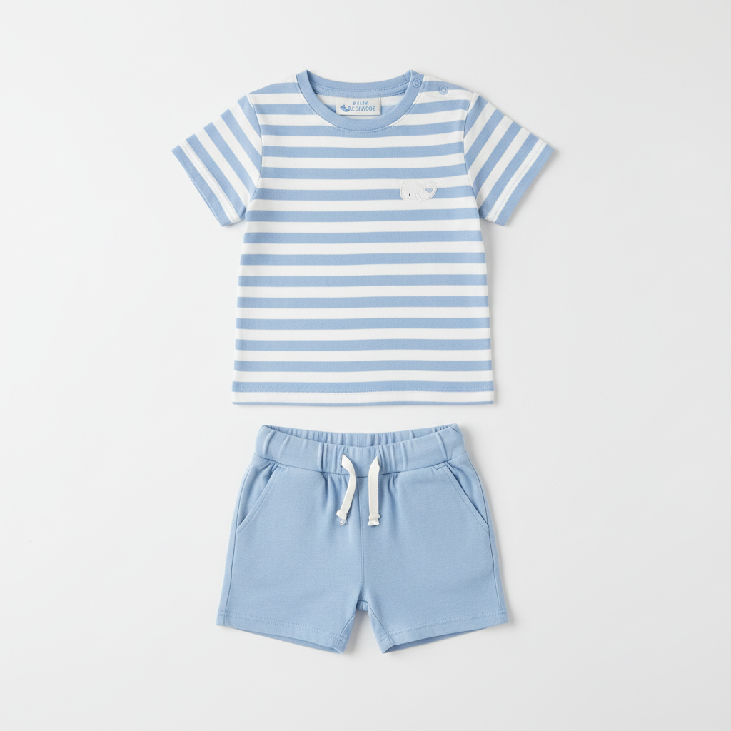 Baby Boy Light Blue Striped T-Shirt and Shorts Set