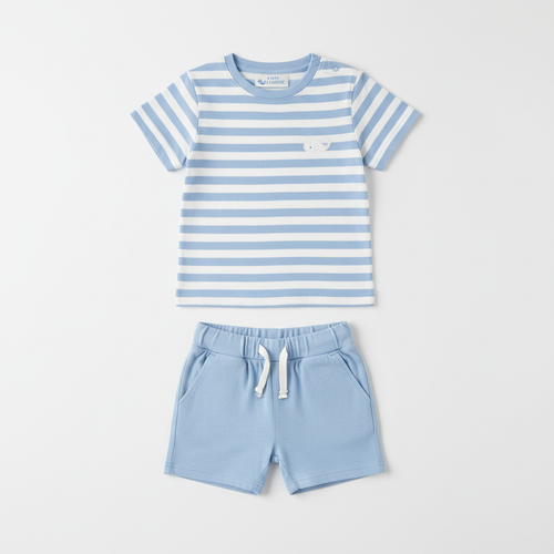 Baby Boy Light Blue Striped T-Shirt and Shorts Set