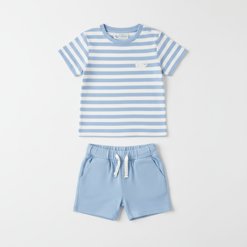 Baby Boy Light Blue Striped T-Shirt and Shorts Set