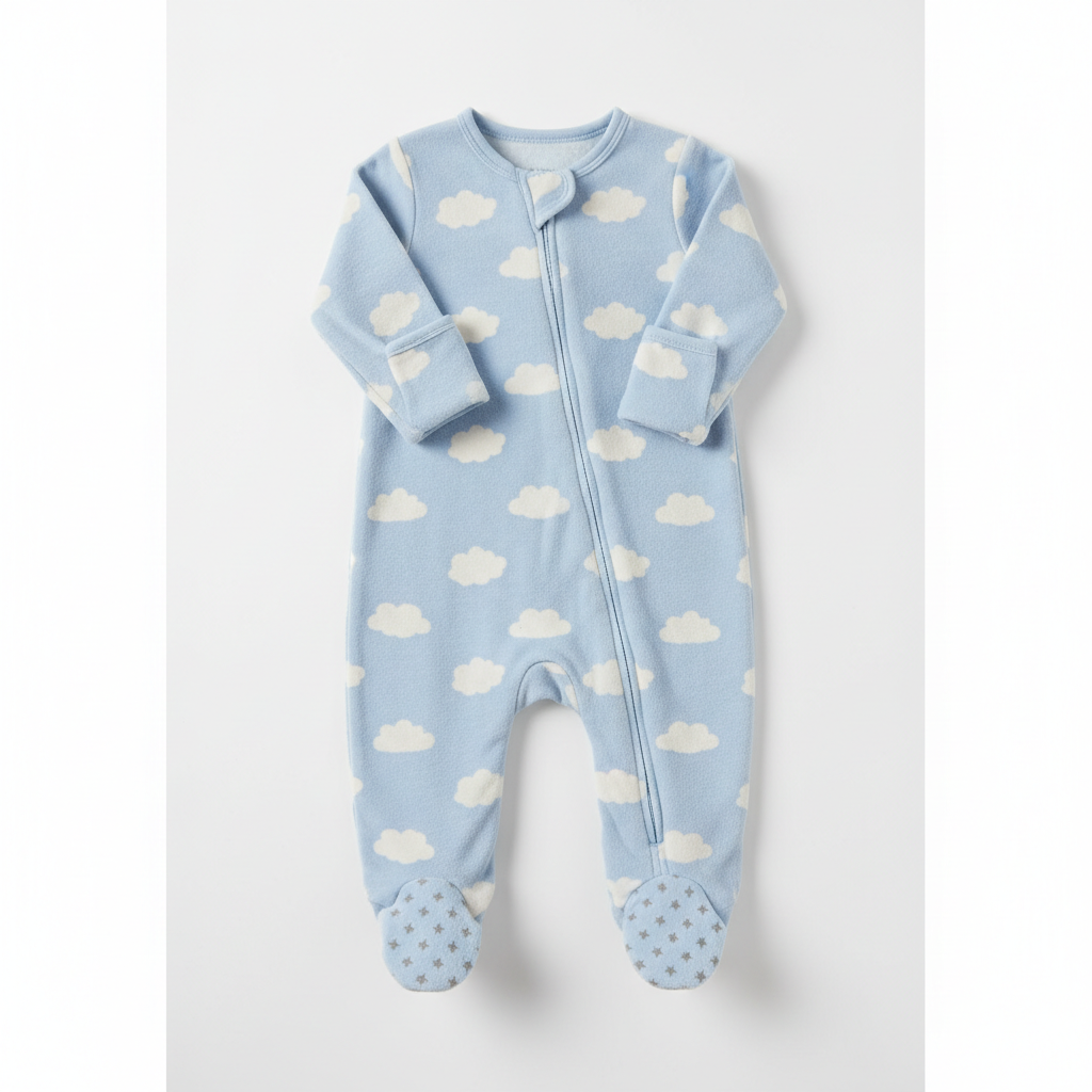 Sumix Footed Sleep Suit in soft brushed cotton with full zip, chin guard and anti-slip soles