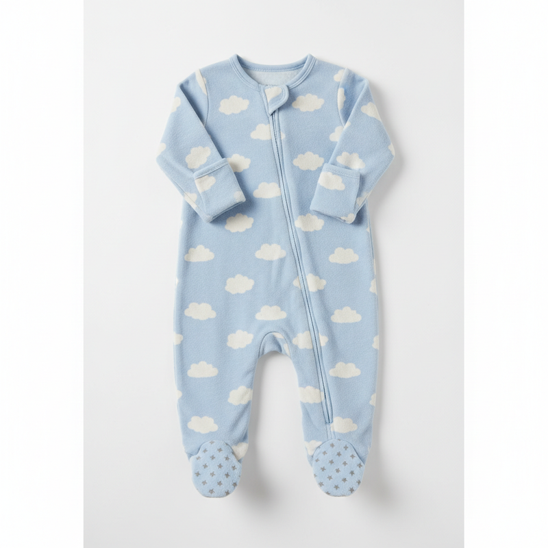 Sumix Footed Sleep Suit in soft brushed cotton with full zip, chin guard and anti-slip soles