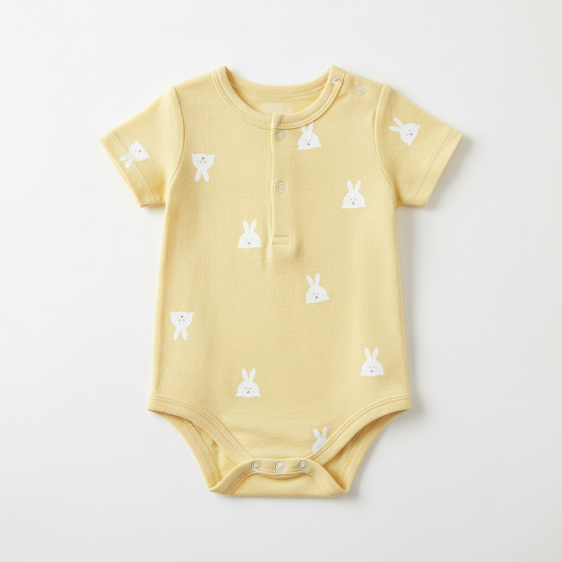 Baby Bunny Print Short Sleeve Onesie in pastel yellow
