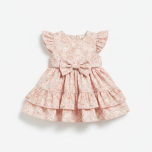 Baby Girl Floral Frill Dress in soft pastel pink with floral print, bow detail and frill hem