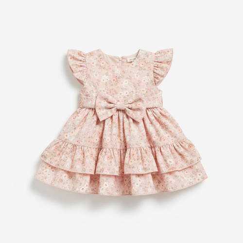 Baby Girl Floral Frill Dress in soft pastel pink with floral print, bow detail and frill hem