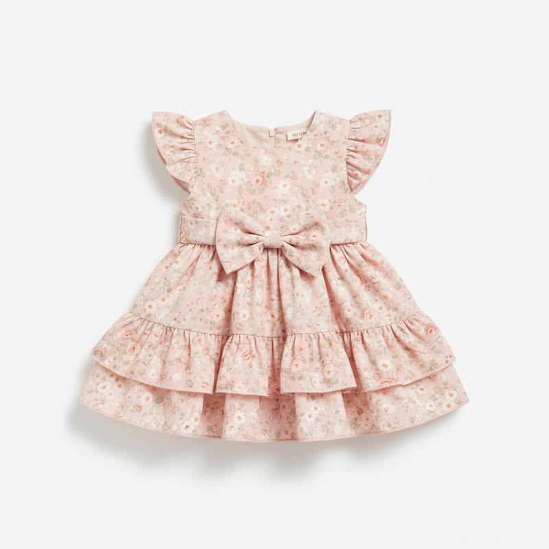 Baby Girl Floral Frill Dress in soft pastel pink with floral print, bow detail and frill hem