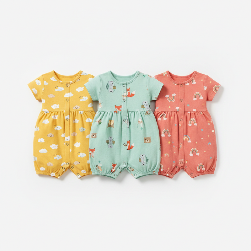 Sumix Pure Cotton Romper Set Pack of 3 in assorted colors with snap buttons