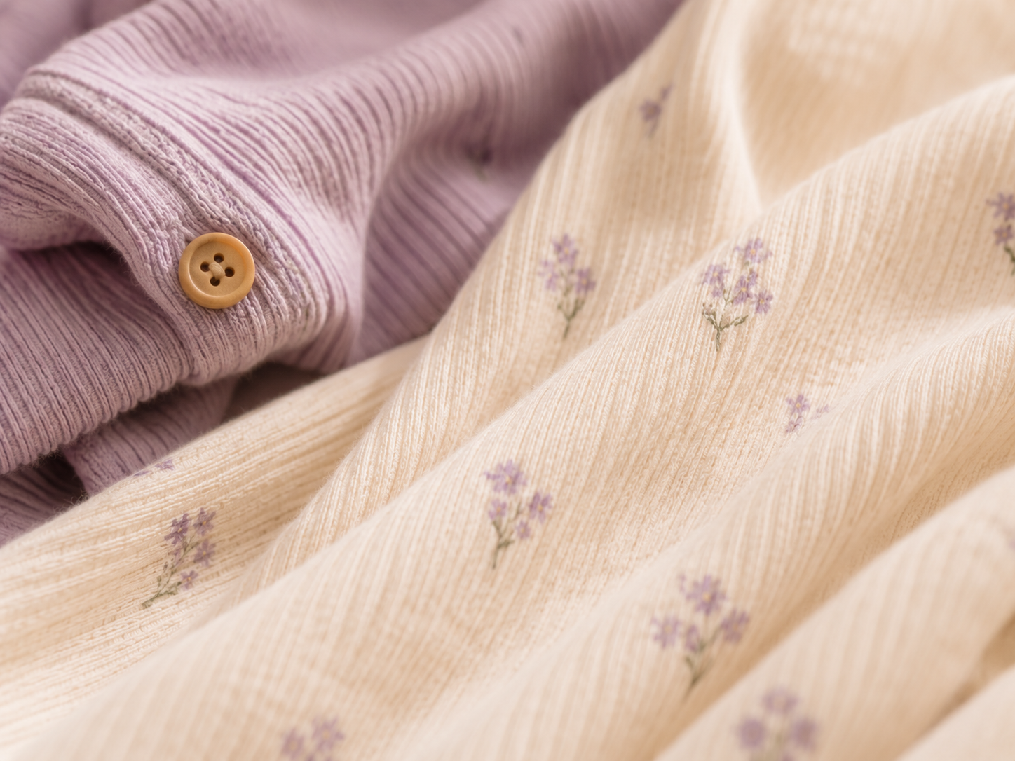 Closeup of lavender and cream cotton fabric