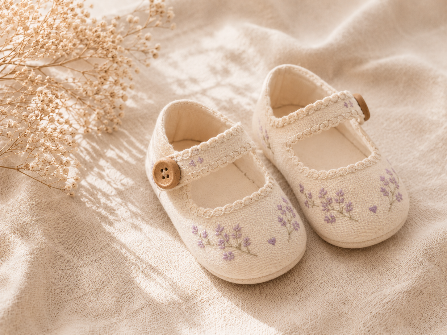 Cream baby Mary Janes with floral embroidery